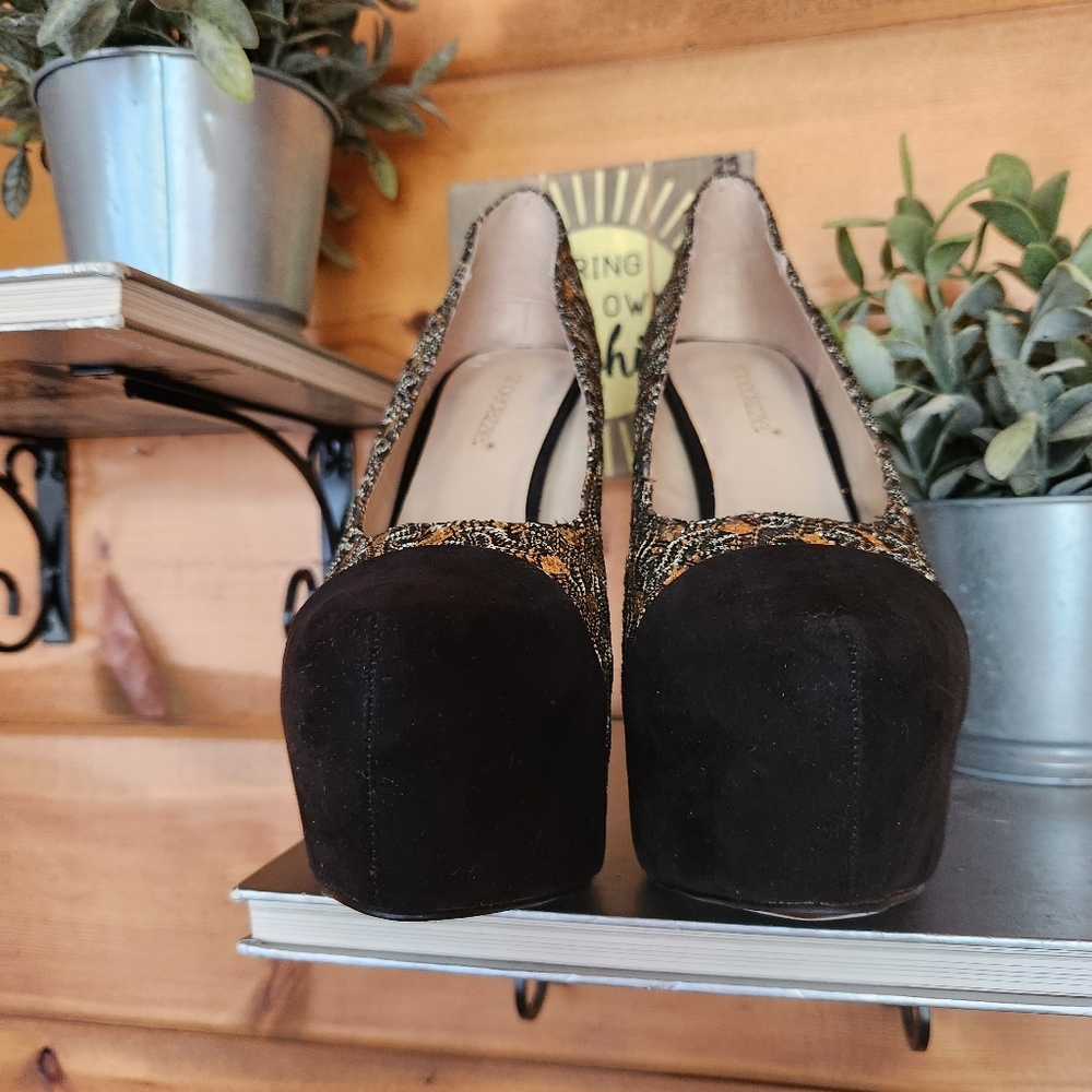 Shoedazzle Shamane Sequin Platform Heels‎ Black Gold Stiletto Suede Pumps Sz 9.5 - Picture 4 of 11